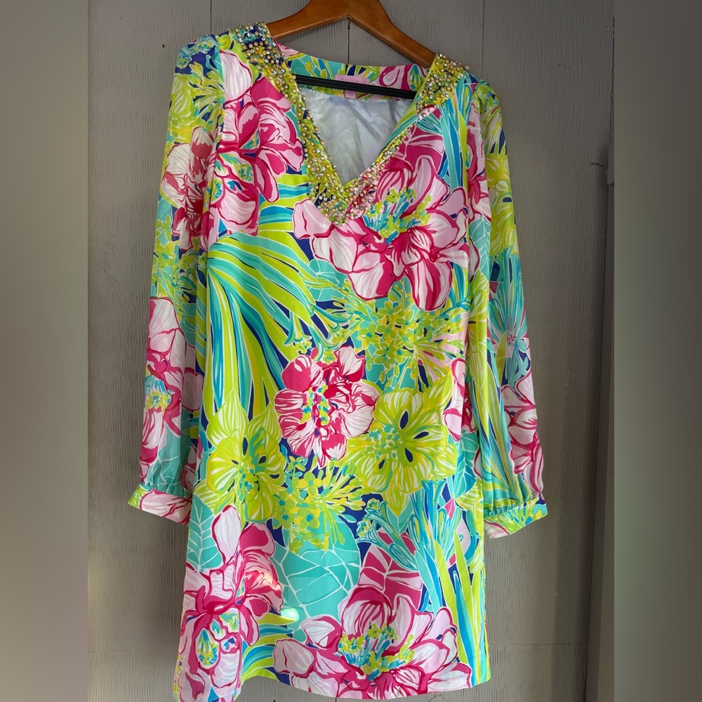 Lilly Pulitzer Saemus Floral Beaded Silk Shift/Tunic Dress
